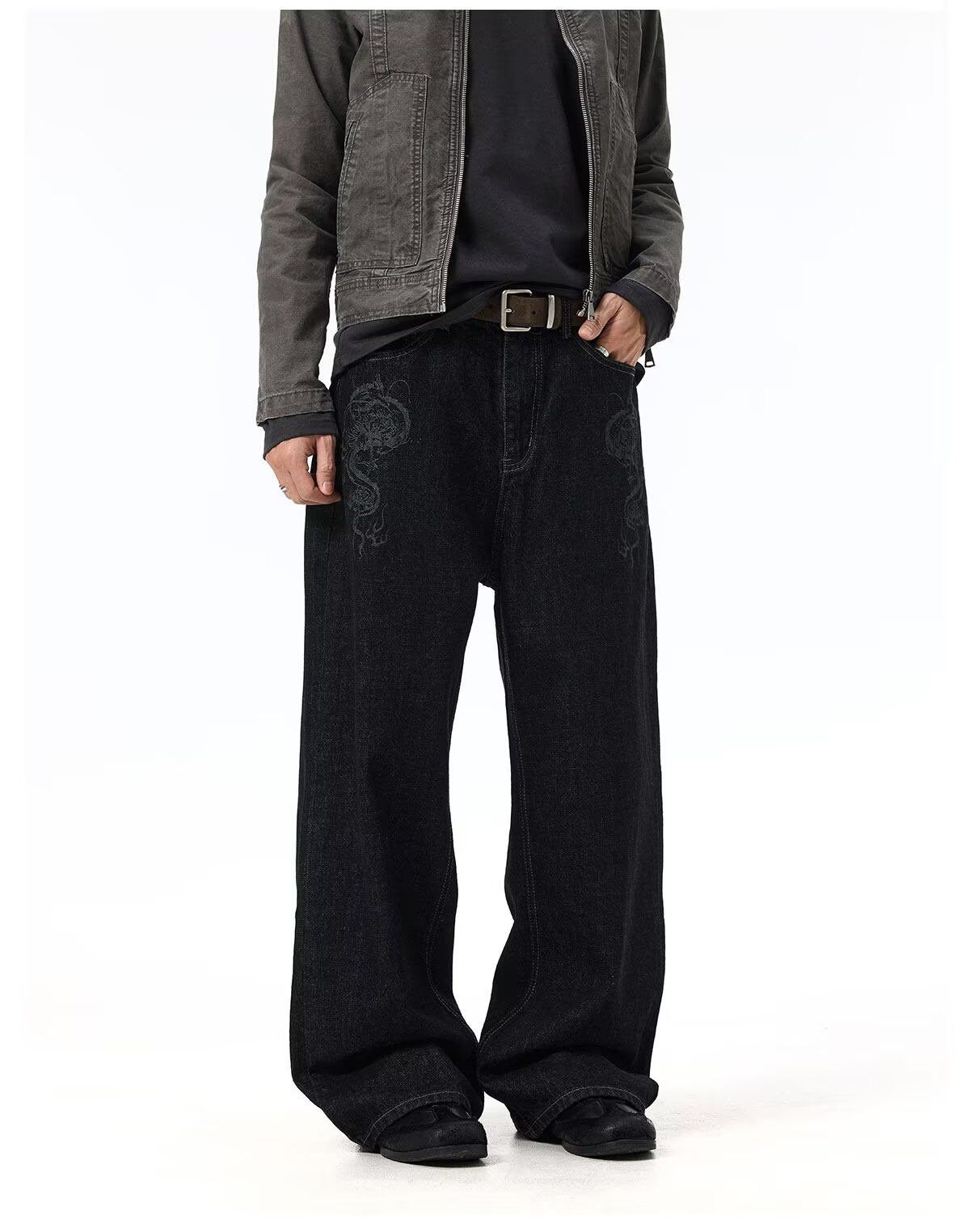 Men's Retro Cleanfit Wide Leg Jeans Loose Fit Straight Leg Casual Floor Length Trousers_mkmklike.com