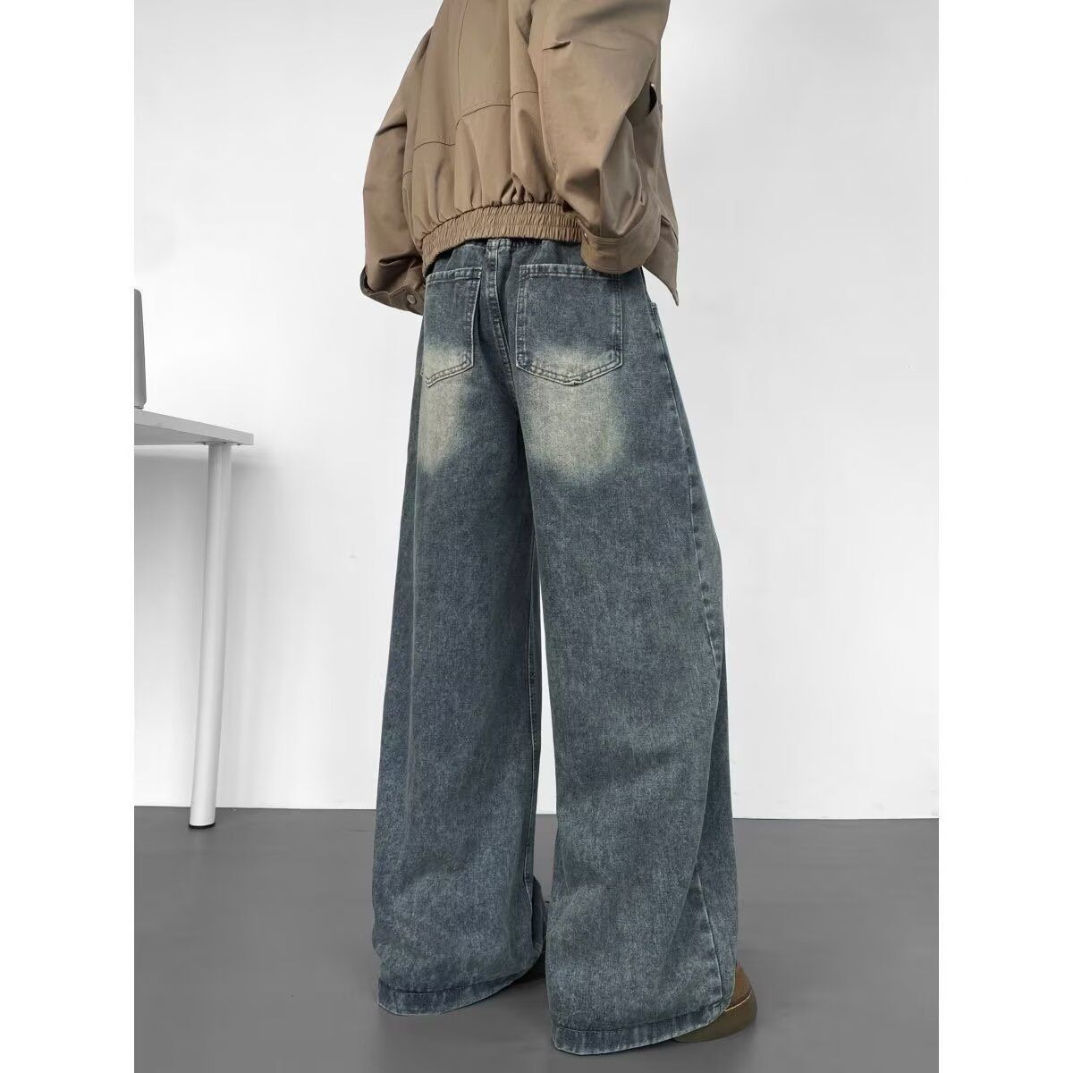 "High Waisted Wide Leg Jeans For Men Retro Streetwear Baggy Denim Pants With Dropped Crotch 90s Vintage Loose Fit Trousers With Distressed Wash"_mkmklike.com