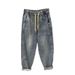 Autumn Men's Trendy Brand Jeans Loose Fit Drawstring Elastic Waist Harem Pants Cropped Carrot Style Standard Thickness Softener_mkmklike.com