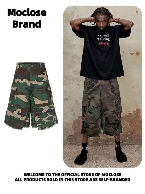 Men's Clothing Men's Trendy Hip Hop Denim Camouflage Shorts Baggy High Street Silhouette With Cargo Pockets 7/8 Length_mkmklike.com