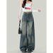 Unique Retro Blue Ripped Wide-leg Jeans For Women, Summer American-style Distressed Loose Straight-leg Pants, Versatile_mkmklike.com