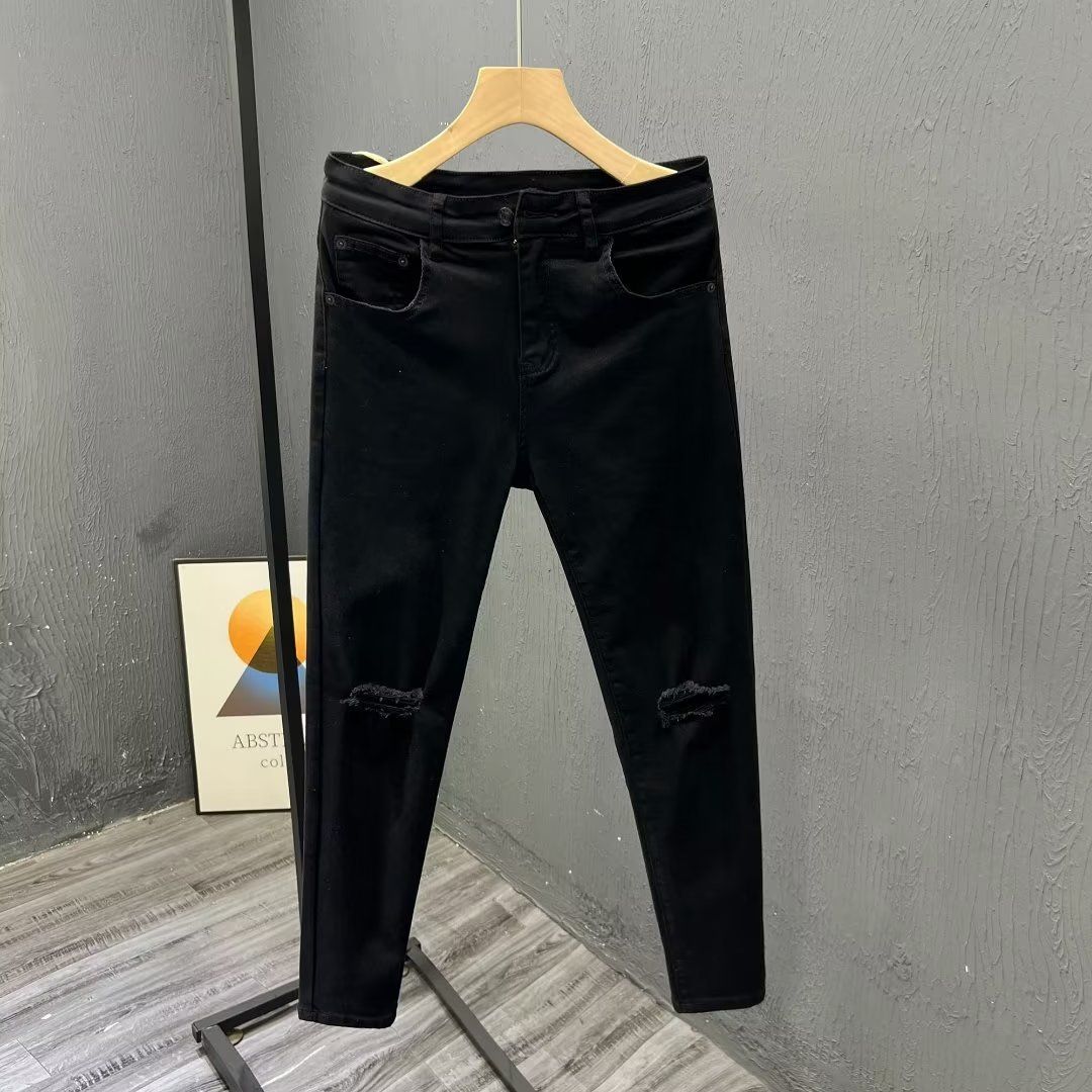 Men's Clothing White Ripped Jeans Spring And Summer Slim Fit Skinny Pants Trendy Elastic Casual Fashion Nine Point Pants_mkmklike.com