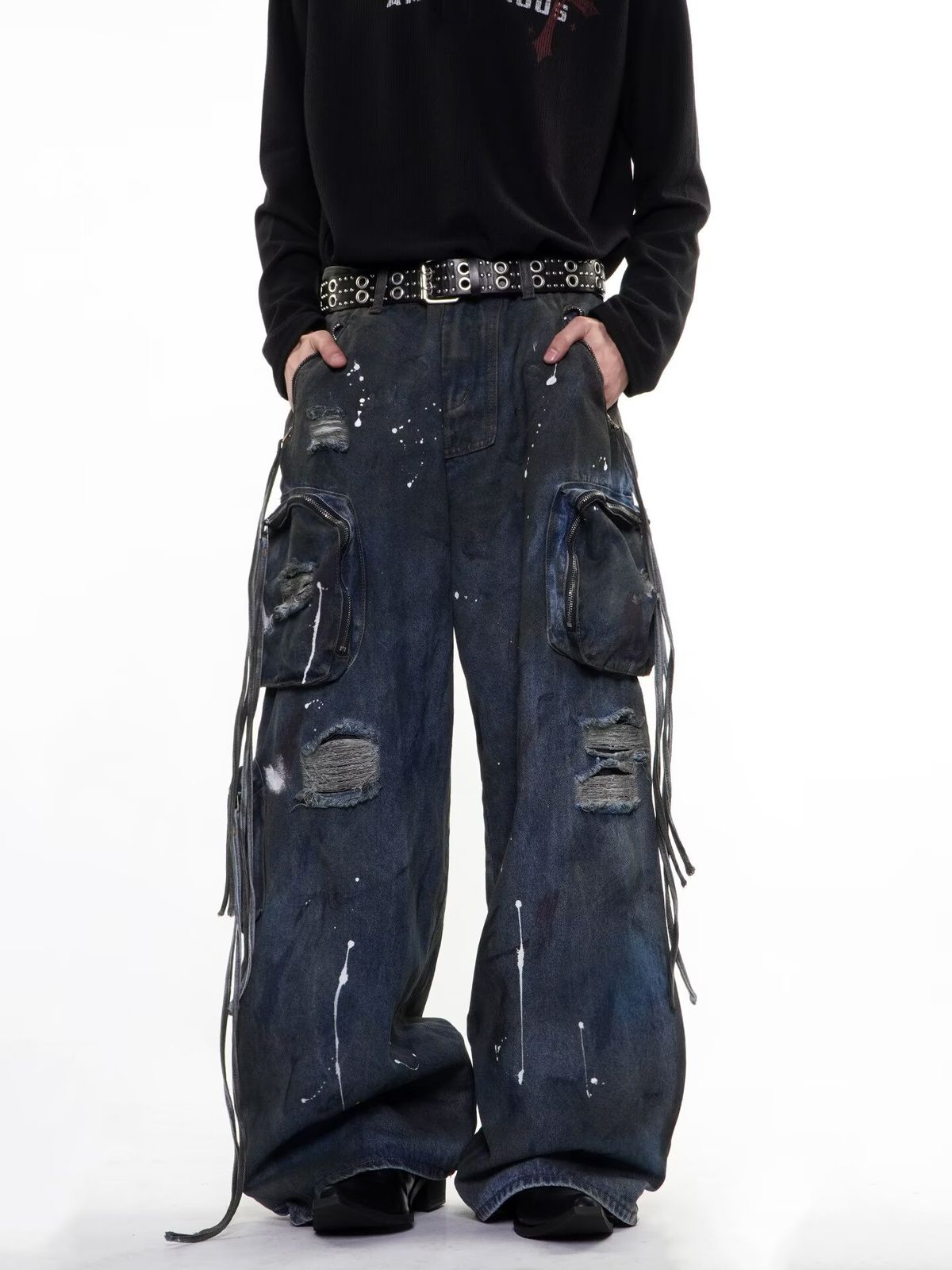 Men's Clothing Unisex Style Washed Distressed Multi Pocket Cargo Jeans Straight Leg Loose Fit Wide Leg Street Style Trendy_mkmklike.com