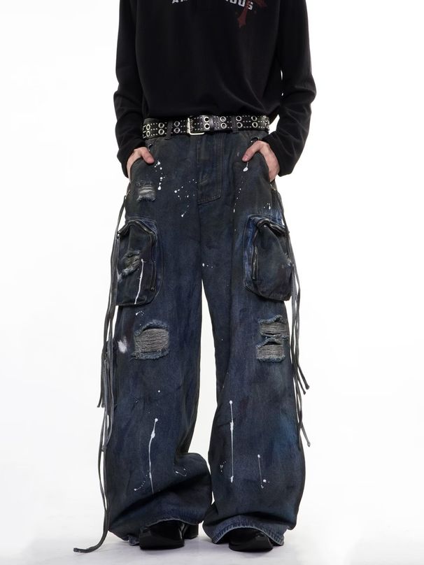 Men's Clothing Unisex Style Washed Distressed Multi Pocket Cargo Jeans Straight Leg Loose Fit Wide Leg Street Style Trendy_mkmklike.com