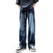 Retro Washed Gradual Change Jeans Men's Summer Thin Straight Drawstring Trendy Brand American High Street Casual Long Pants_mkmklike.com