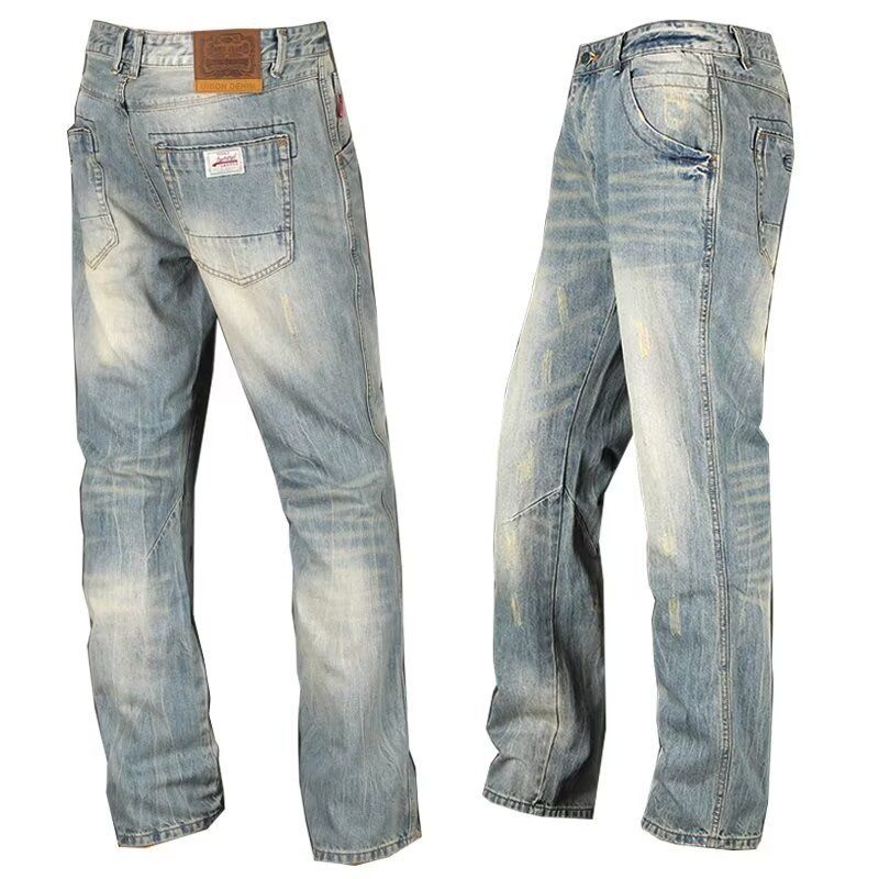 Vintage-Inspired Straight Leg Denim Jeans For Men – Relaxed Fit, High Waist, Button Fly (Sizes 28-36, Dark Blue & Light Wash)_mkmklike.com