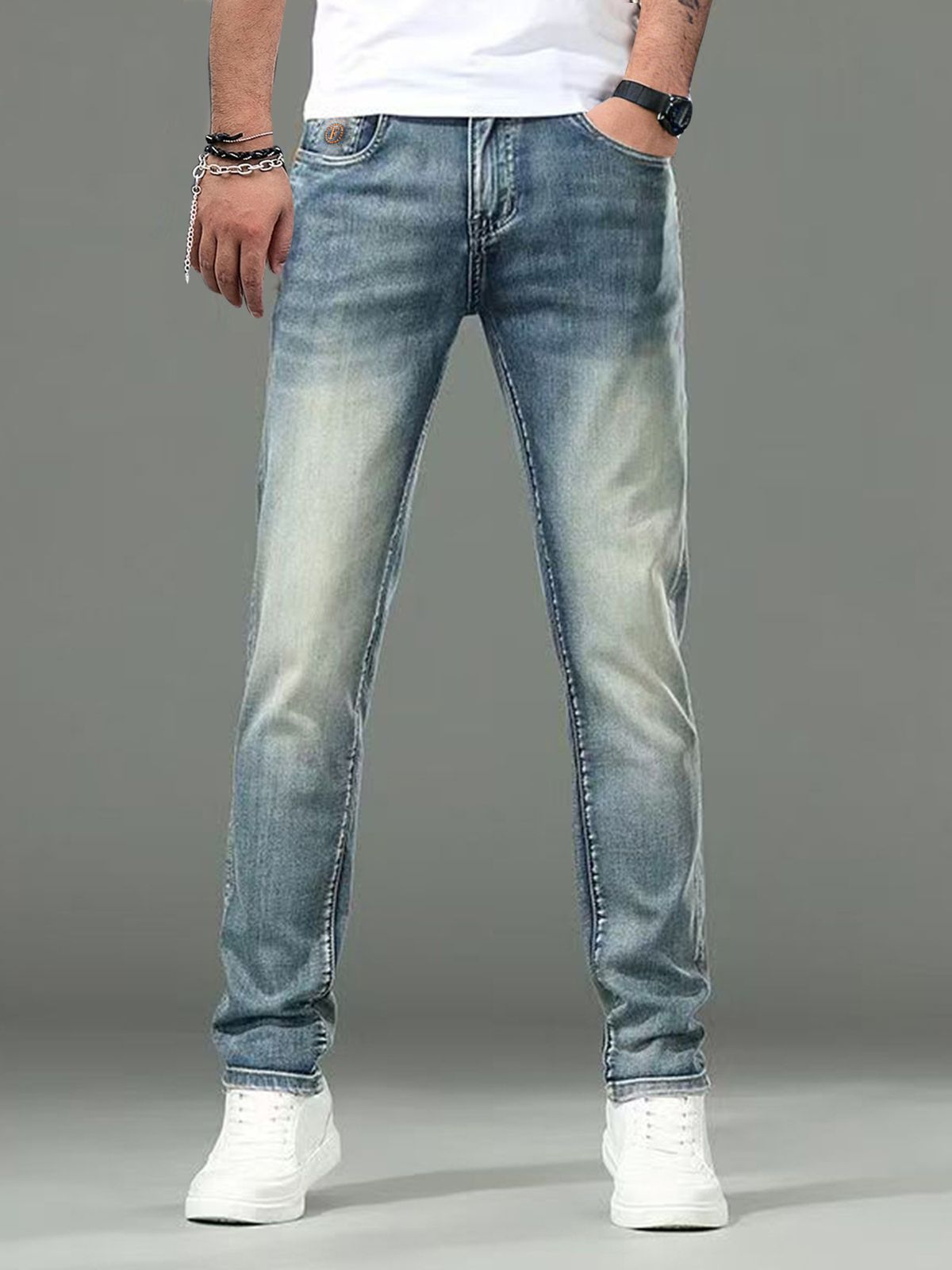 Men's Slim Fit Casual Jeans Unique Back Pocket Design Solid Color Blue Denim Midweight Versatile Mid Waist With Slight Stretch_mkmklike.com