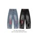 Men's Clothing Heavy Craft Embroidery Retro Red Checkered Patch Stitching Distressed Washed Black Wide Leg Jeans Drape Mopping Pants_mkmklike.com