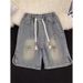 Men's Ripped Denim Shorts American High Street Style Loose Straight Washed Casual Sports Old Fashioned Versatile_mkmklike.com