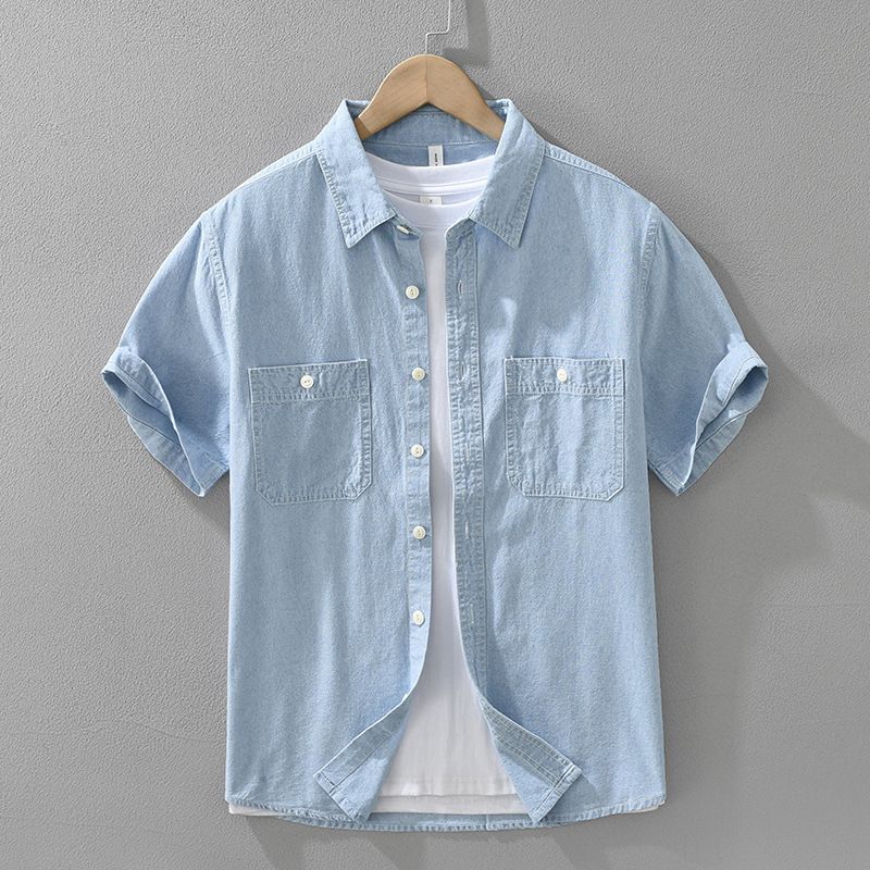 Retro Denim Short Sleeved Shirt For Men, Fashionable And Versatile, Artistic And Casual Loose Top_mkmklike.com