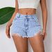 Women's Pearl-Embellished Denim Shorts – Classic Mid-Rise Straight Cut For Casual & Office Wear (Medium Blue/Light Blue, S-XL)_mkmklike.com