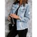 Vintage Wash Denim Jacket For Women, Non-Stretch V-Neck Long Sleeve Casual Coat In Light Blue, Dark Blue & Retro Blue_mkmklike.com