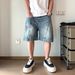 Unisex Retro Heavyweight Washed Denim Shorts Patchwork Design Slimming Casual Wide Leg Capri Pants_mkmklike.com