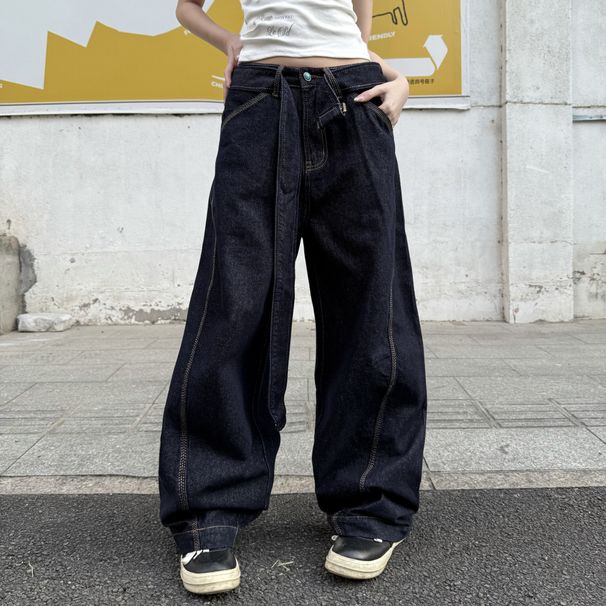Unisex American Streetwear Baggy Jeans - Oversized Scythe Cut With Detachable Belt (Deep Blue, S-3XL, Low-Rise Straight Leg)_mkmklike.com