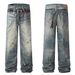Vintage Washed Denim Jeans For Men – Relaxed Straight Leg, High Street Style, Distressed Splatter Paint Design, Comfortable Cotton Casual Pants_mkmklike.com