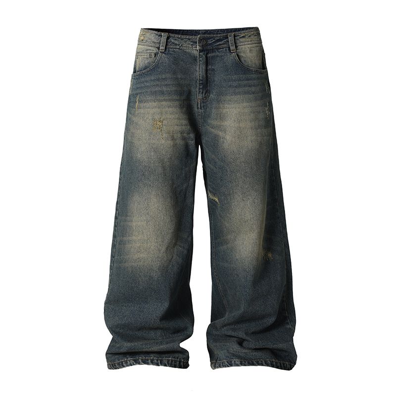 2025 Spring And Autumn Washed American Jeans Men's Trendy Brand Cat Beard Punched Loose Straight Long Wide Leg Floor_mkmklike.com