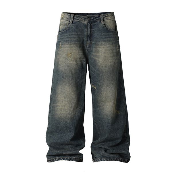 2025 Spring And Autumn Washed American Jeans Men's Trendy Brand Cat Beard Punched Loose Straight Long Wide Leg Floor_mkmklike.com
