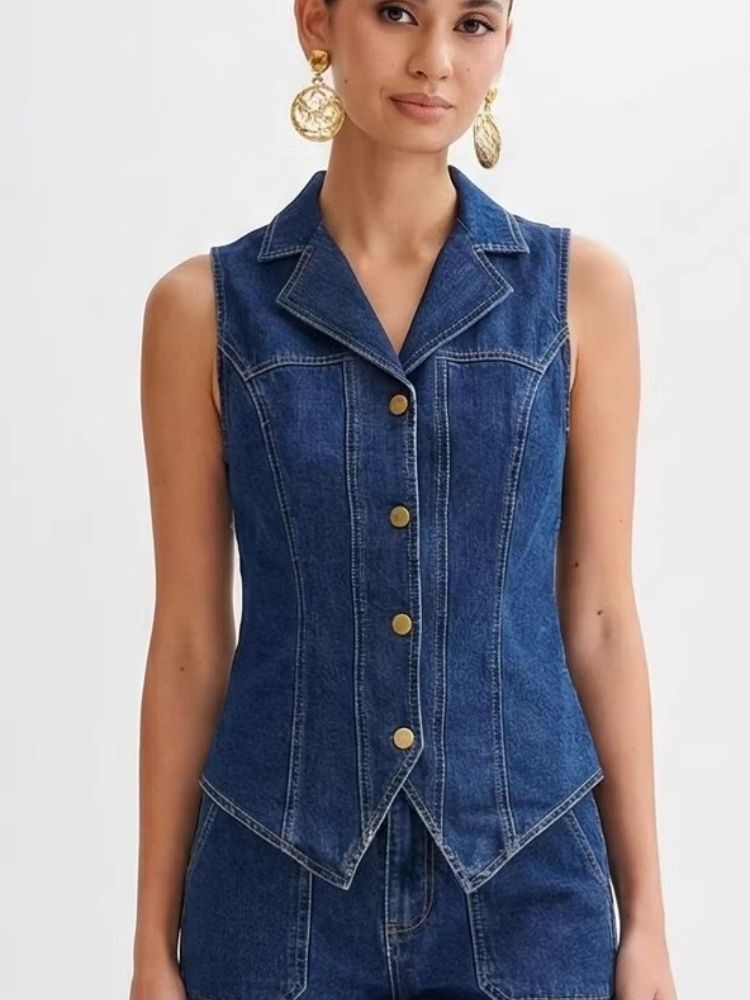 K New High Waisted Slim Fit Fashionable Sleeveless Denim Vest Wide Leg Pants Set For Women_mkmklike.com