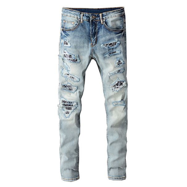 Men's Clothing High Street Fashion Brand Men's Clothing Trend Men's Slim Elastic Knee Hole Patch Jeans Skinny Pants_mkmklike.com