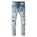 Men's Clothing High Street Fashion Brand Men's Clothing Trend Men's Slim Elastic Knee Hole Patch Jeans Skinny Pants_mkmklike.com
