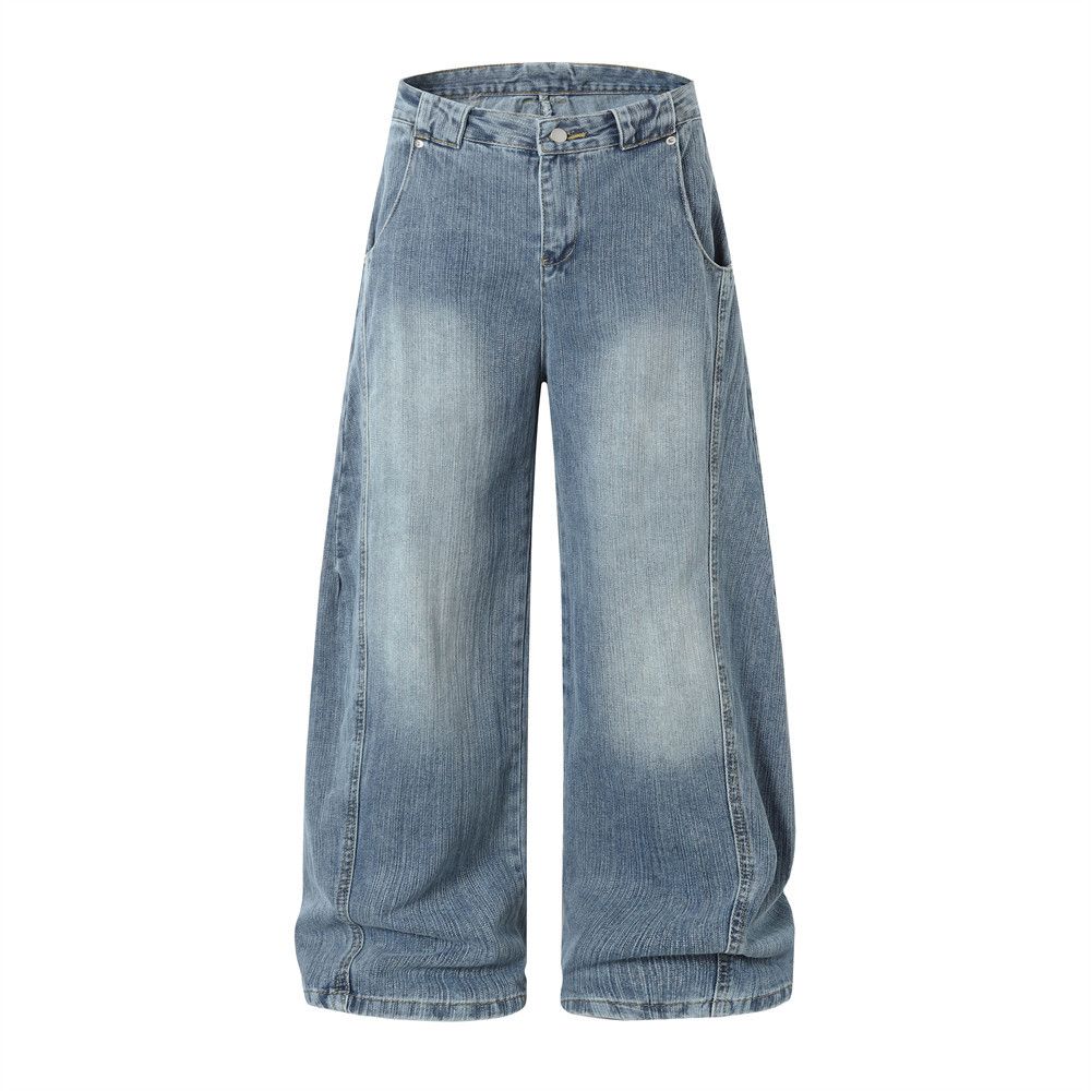 American Style Loose Wide-Leg Jeans For Men, Trendy Brand, Distressed Washed Faded Straight-Leg Pan, Versatile Dad_mkmklike.com