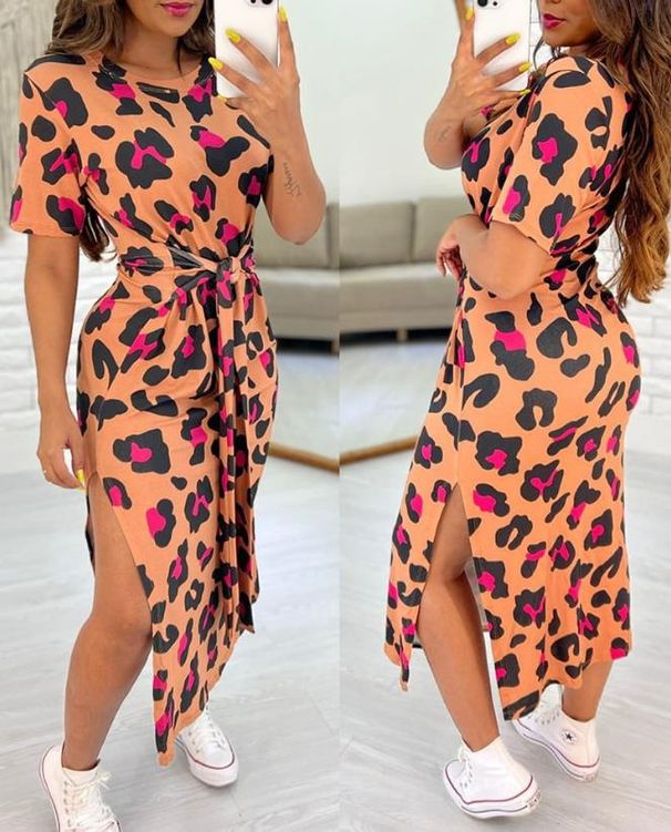 Women's round neck short sleeve slit lace-up A-line skirt with lace-up print leopard print dress 14 colors for women_mkmklike.com