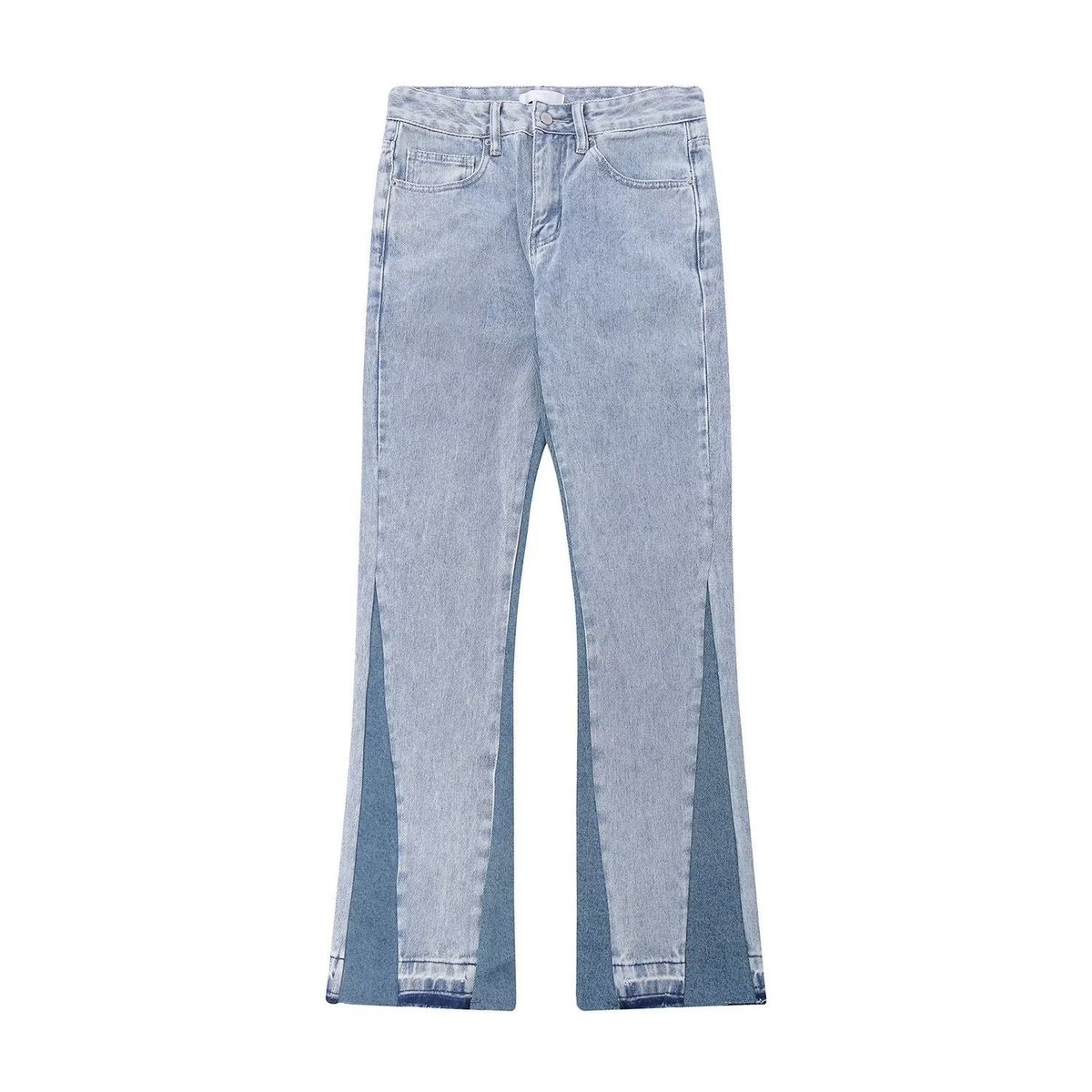 American Style Minimalist Distressed Color Blocked Denim Loose Street Washed Polished White Micro Flared Pants, Jeans_mkmklike.com