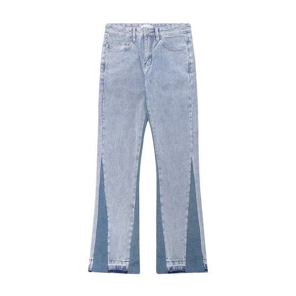 American Style Minimalist Distressed Color Blocked Denim Loose Street Washed Polished White Micro Flared Pants, Jeans_mkmklike.com