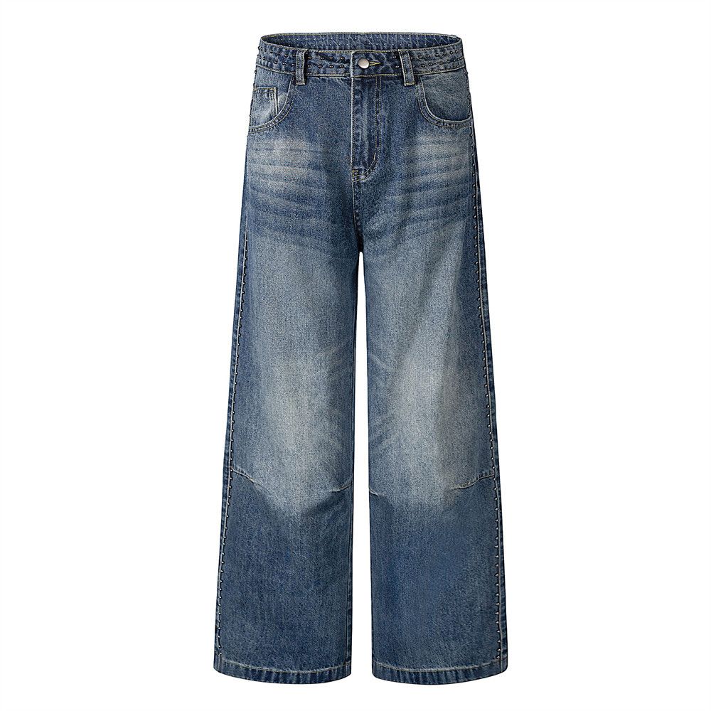 Distressed Washed White Denim Wide-Leg Men's Hip-Hop Trend Heavy-Duty Rivet Decorative Design Straight-Leg Pants_mkmklike.com