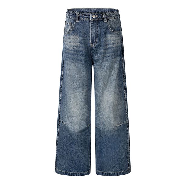 Distressed Washed White Denim Wide-Leg Men's Hip-Hop Trend Heavy-Duty Rivet Decorative Design Straight-Leg Pants_mkmklike.com