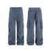 Vintage French Blue Overalls – Men's Washed Denim Wide-Leg Trousers With Retro Workwear Style_mkmklike.com