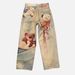 High Street Style Men's And Women's Graffiti Print Ripped Jeans Mid Waist Loose Long Pants European American Fashion Lace Up_mkmklike.com