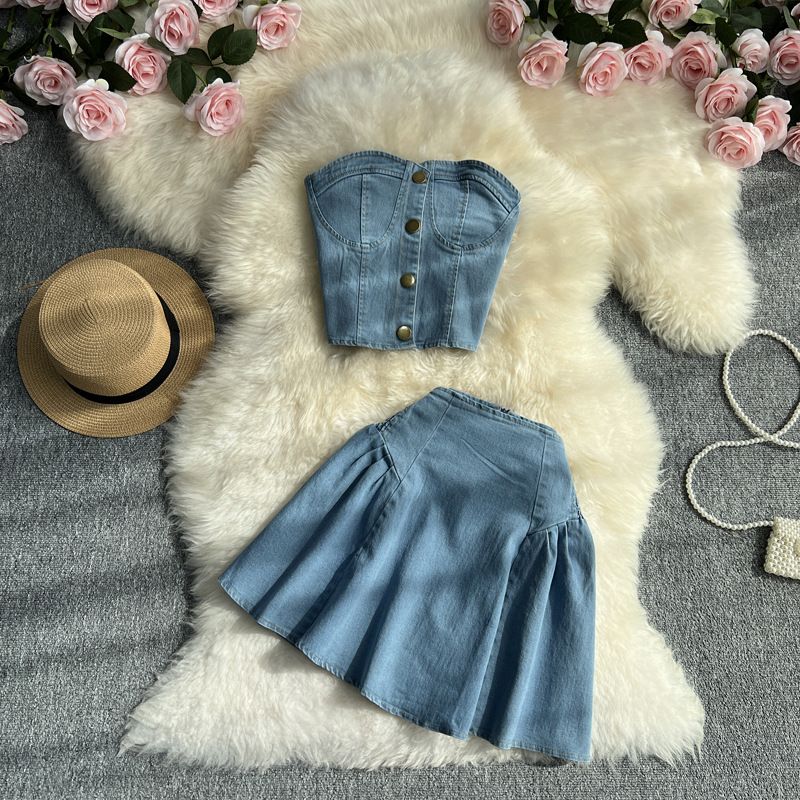 Sweet Cool Hot Girl Suit Skirt Women's Summer Short Denim Tube Bra Vest Top Two-piece Set High Waist A-Line Skirt_mkmklike.com