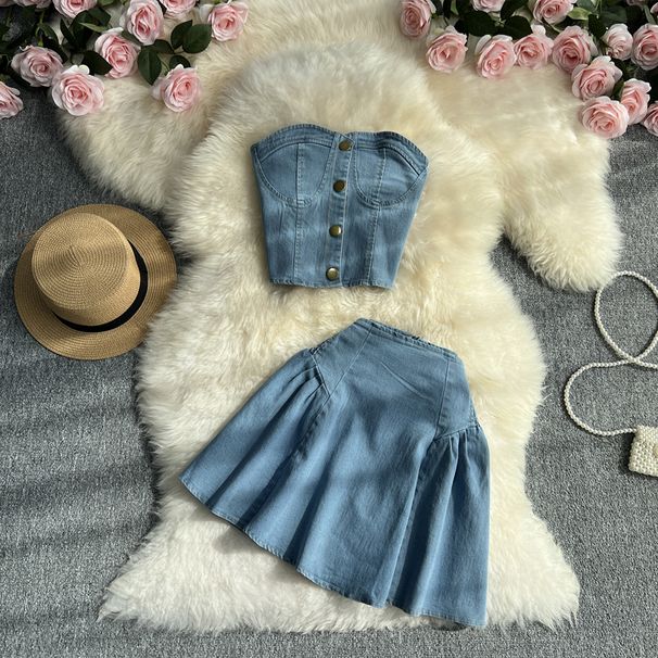 Sweet Cool Hot Girl Suit Skirt Women's Summer Short Denim Tube Bra Vest Top Two-piece Set High Waist A-Line Skirt_mkmklike.com