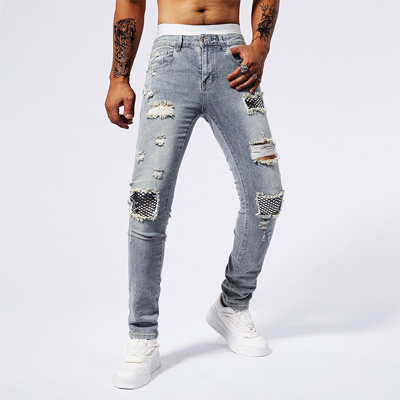 Men's Premium Distressed Denim Jeans With Patchwork Details - Vintage Wash Tapered Fit Streetwear Pants_mkmklike.com