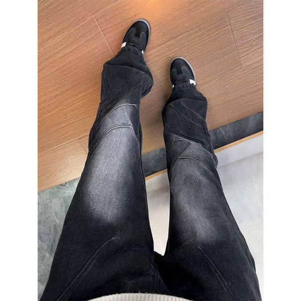 Men's Clothing Retro Blue Shark Gill Washed Denim Jeans Straight Leg Slightly Flared Cargo Trousers For Men High Street Style_mkmklike.com