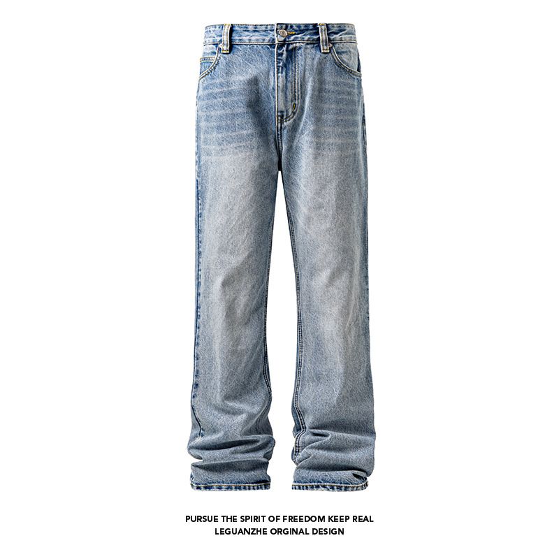 American Retro Washed Marble Pattern Cleanfit Jeans For Men, Trendy Straight Loose Casual Wide-leg Pants_mkmklike.com