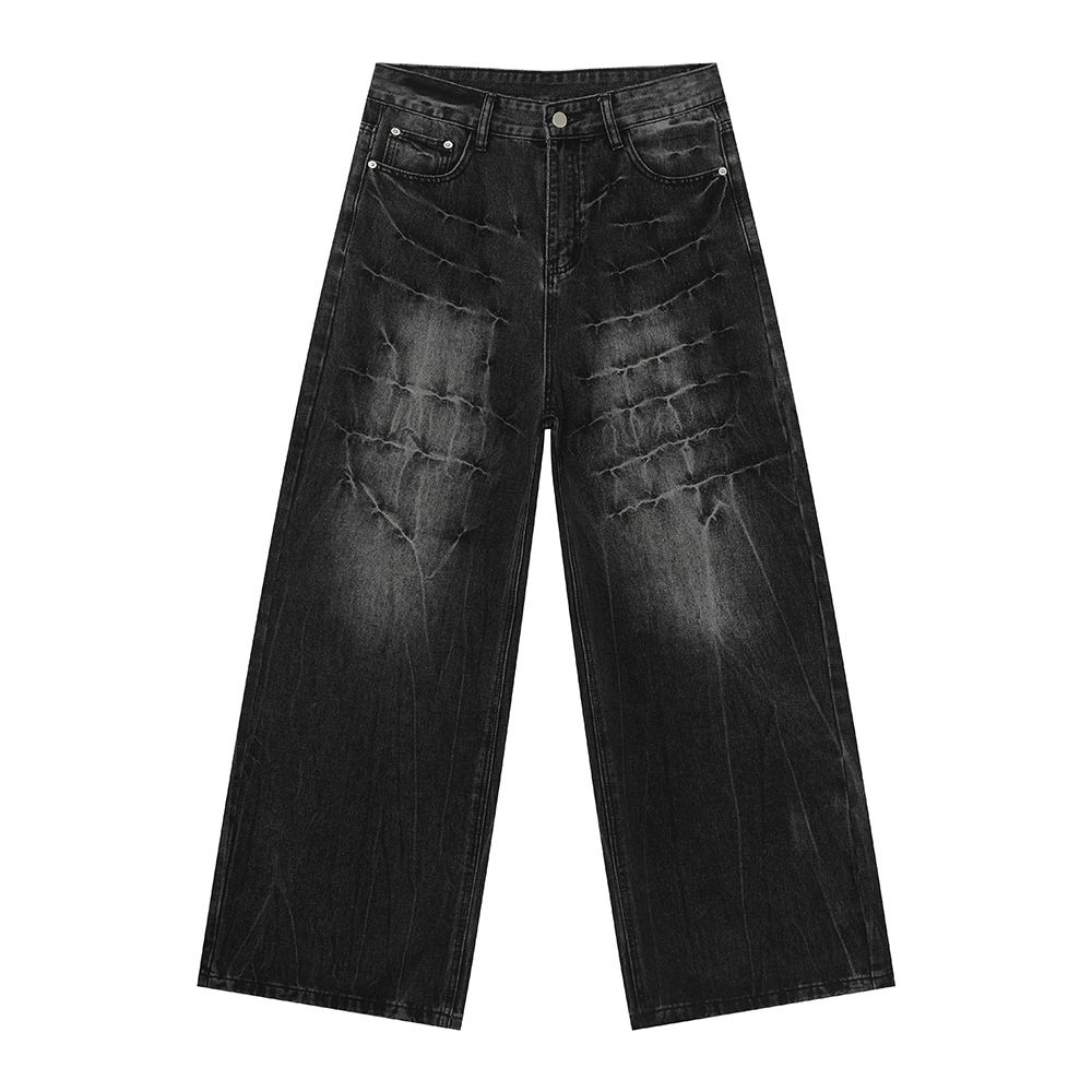 Men's Streetwear Vintage Washed Wide Leg Straight Denim Jeans With Lightning Print | Trendy Korean Style Loose Fit Cotton Blend Pants_mkmklike.com