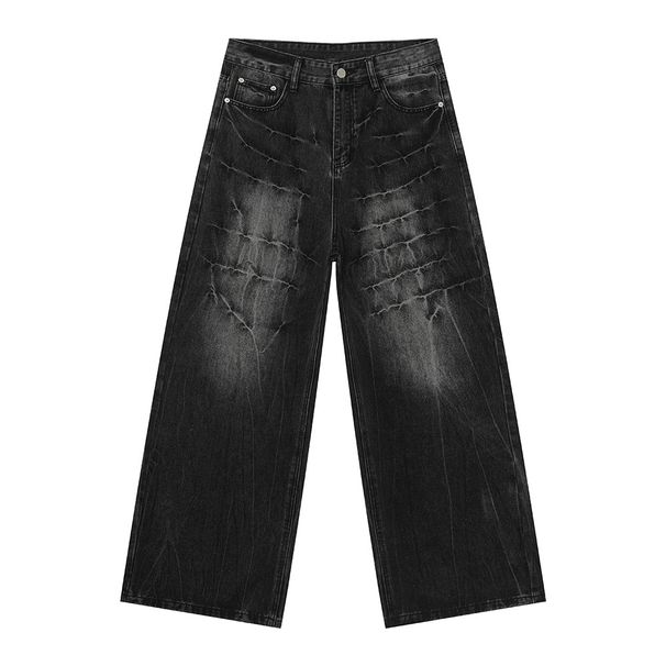 Men's Streetwear Vintage Washed Wide Leg Straight Denim Jeans With Lightning Print | Trendy Korean Style Loose Fit Cotton Blend Pants_mkmklike.com