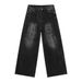 Men's Streetwear Vintage Washed Wide Leg Straight Denim Jeans With Lightning Print | Trendy Korean Style Loose Fit Cotton Blend Pants_mkmklike.com