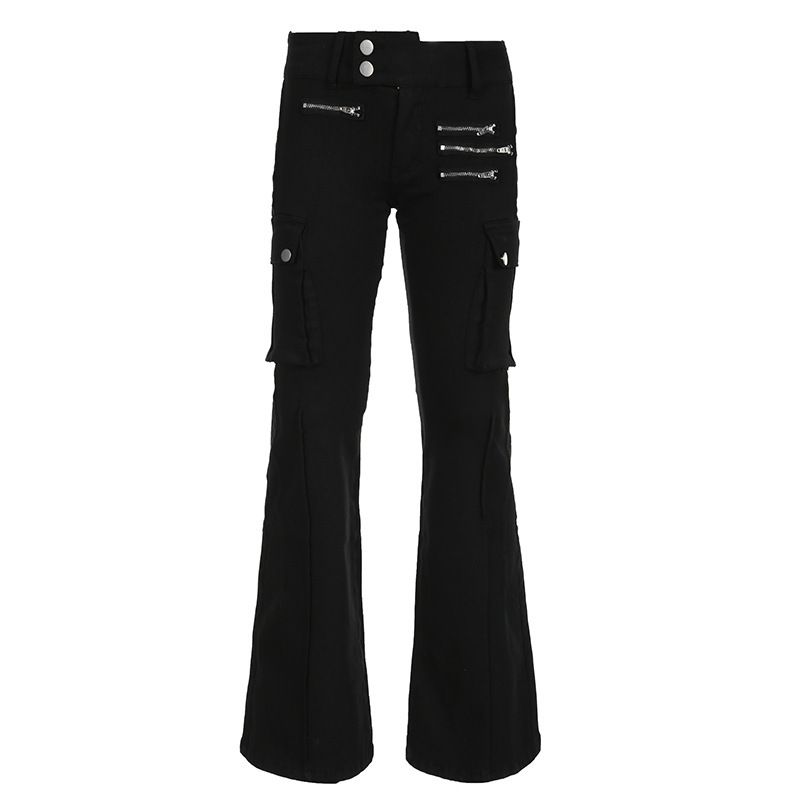 Gothic Metal-Zip Flared Jeans – Punk Low-Rise Distressed Denim With Raw-Edge Stitching (Black Destroyed Wide-Leg Pants)_mkmklike.com