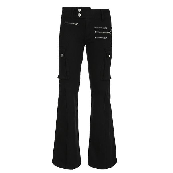 Gothic Metal-Zip Flared Jeans – Punk Low-Rise Distressed Denim With Raw-Edge Stitching (Black Destroyed Wide-Leg Pants)_mkmklike.com