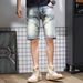 Men's Slim Fit Denim Shorts With Patchwork Design - 5-Inch Inseam Stretch Cotton Summer Casual Shorts, Blue_mkmklike.com