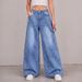 Women's Wide Leg Denim Pants All Season Loose Straight Leg Trousers With Belt Buckle Decoration_mkmklike.com