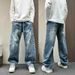Men's Pleated Wide-Leg Jeans, Curved Hem Loose Fit Denim Pants With Layered Design For Casual Streetwear_mkmklike.com