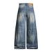 Punk Washed White Denim Wide-Leg Men's Design Sense Pleated Frayed Loose Floor-Length Pants Trendy_mkmklike.com