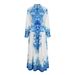 Women's Clothing 2024 new blue printed round neck slim fit long sleeve ethnic style casual fashion long women's dress_mkmklike.com