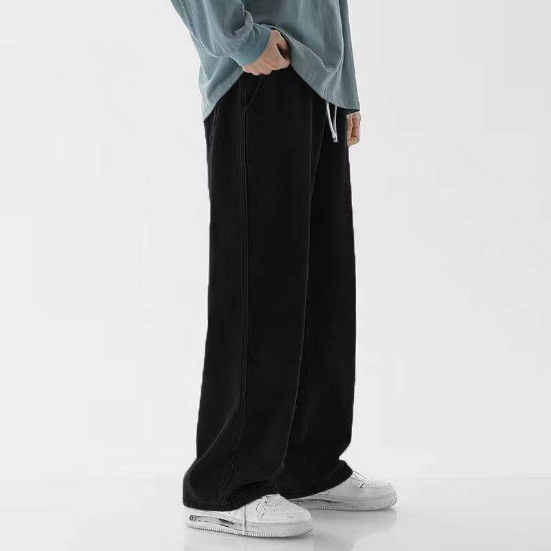 Jeans Men's Japanese Retro Elastic Waist Casual Straight Pants Wide Leg Pants_mkmklike.com
