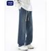 Shanggu Men's Clothing, Elastic Lace-Up Straight Jeans Men's Hong Kong Style Versatile Washed Long Tube Casual Boys Wide Leg Pants_mkmklike.com