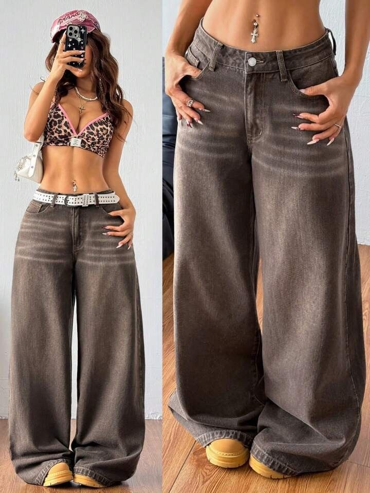 Women's High Waist Wide Leg Jeans - Vintage Washed Cotton Denim Pants For Casual Streetwear & Everyday Comfort_mkmklike.com